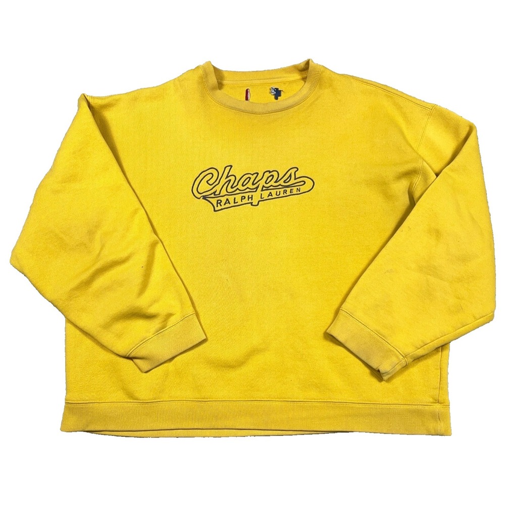 Vintage Chaps Ralph Lauren Sweatshirt Men XXL 2XL Yellow Script 90s Grunge Worn